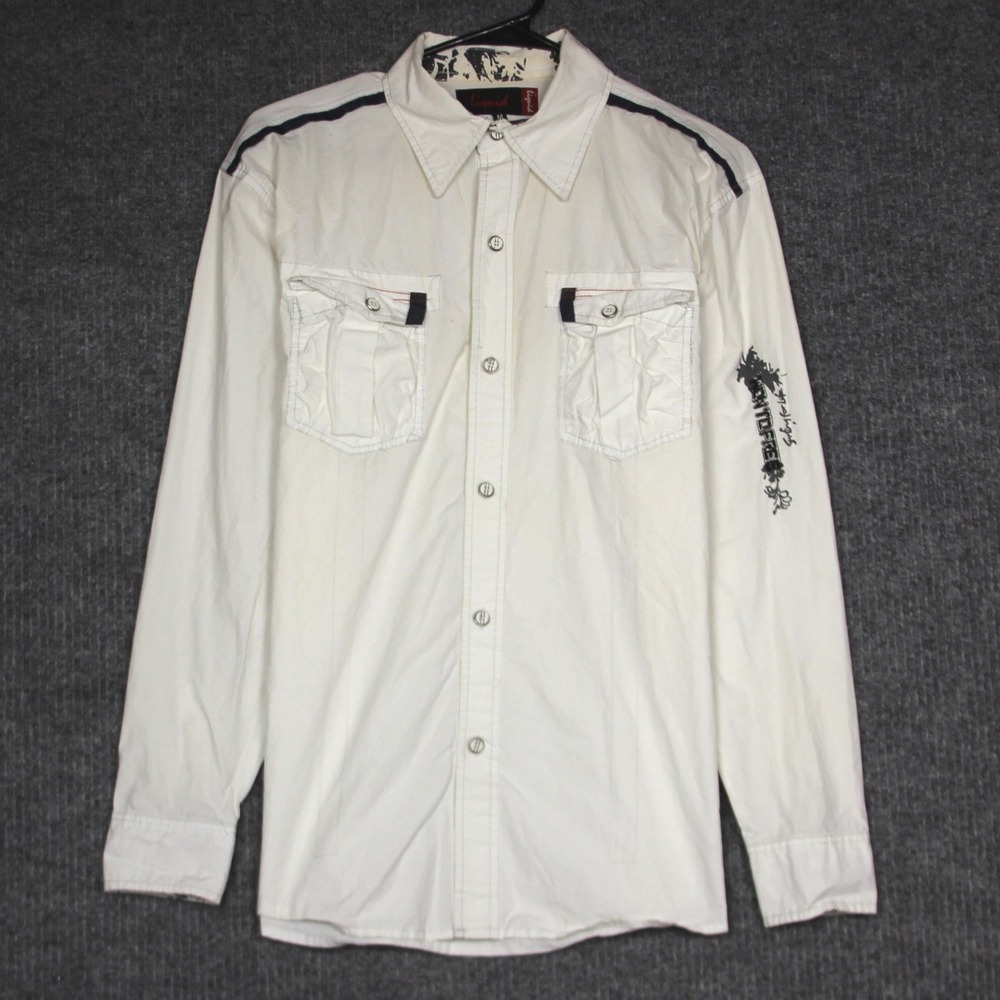 Y2K Affliction Type Sleeve Button Up Shirt Mens M White Graphic Back Casual